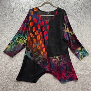 Caleaas Women's 3x Top Artistic Multi-Fabric Colorful Cutouts Flowy Tunic Unique